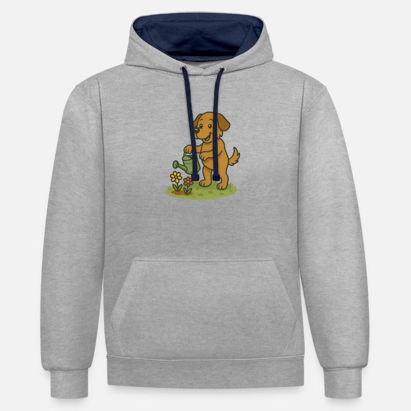Chien joyeux arrosant les fleurs - Sweat à capuche contrasté - gris chiné/bleu marine