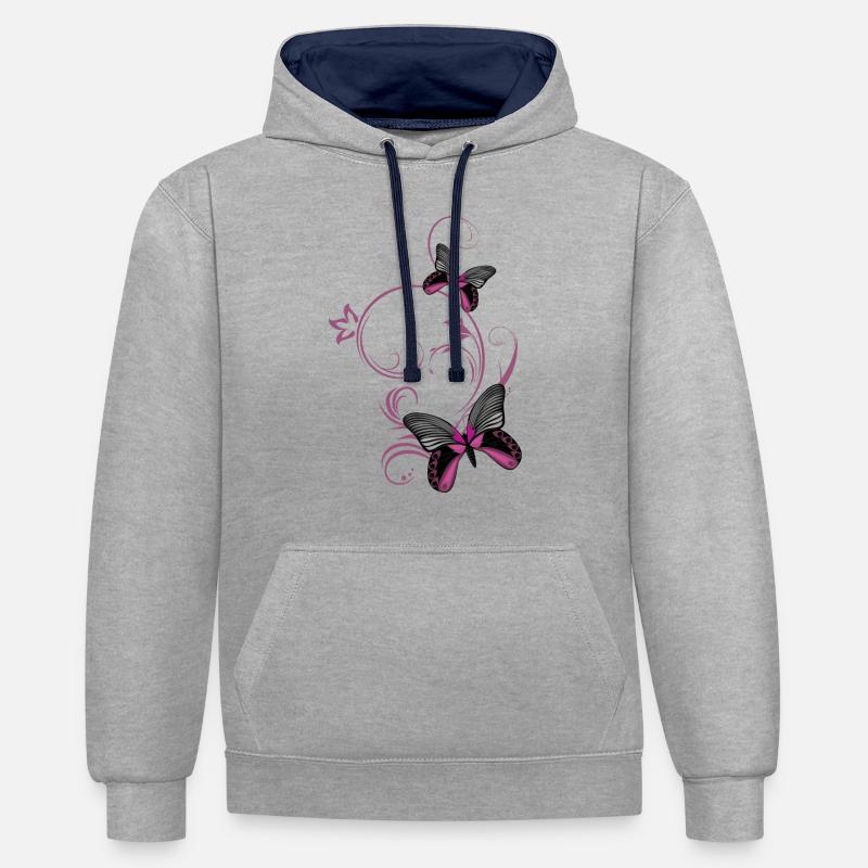 Zwei stilisierte Schmetterlinge - Kontrast-Hoodie - Grau meliert/Navy