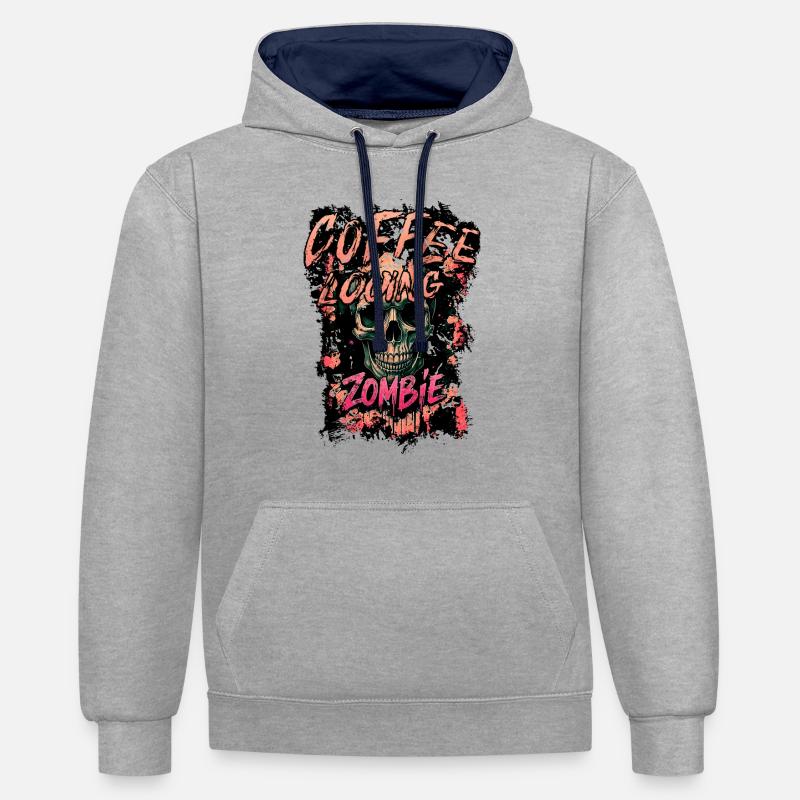 Zombie aimant le café - Sweat à capuche contrasté - gris chiné/bleu marine