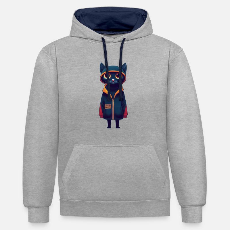 Chat en pull - Sweat à capuche contrasté - gris chiné/bleu marine
