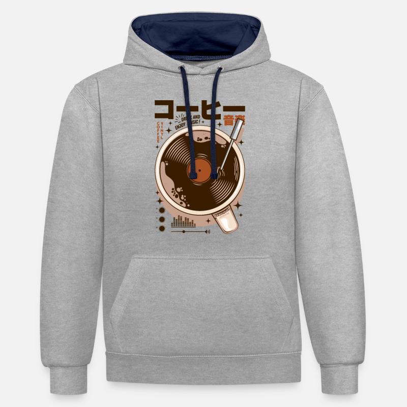 Japon - Vinyle café - Sweat à capuche contrasté - gris chiné/bleu marine