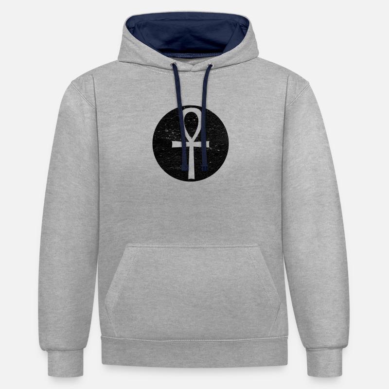 Croix égyptienne Ankh dans cercle noir - Sweat à capuche contrasté - gris chiné/bleu marine