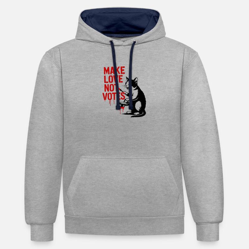 Faites l’amour pas les votes Chat - Sweat à capuche contrasté - gris chiné/bleu marine