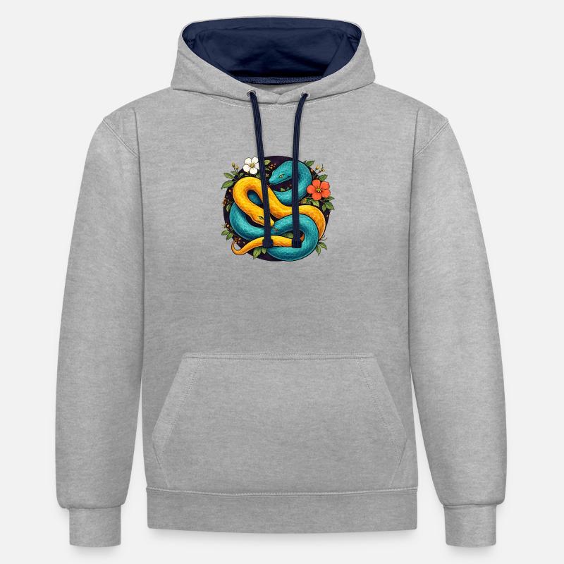 Deux serpents python dans l’anneau fleuri - Sweat à capuche contrasté - gris chiné/bleu marine