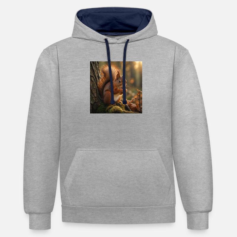 Écureuil dans la forêt ensoleillée - Sweat à capuche contrasté - gris chiné/bleu marine