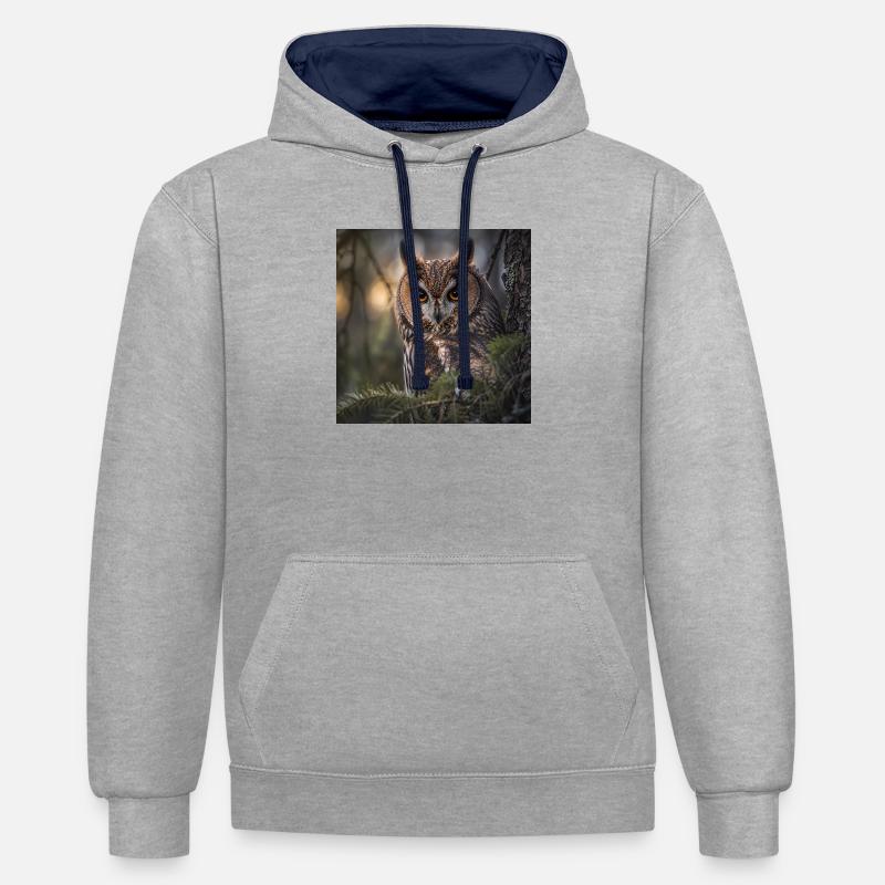 Hibou dans le brouillard forestier - Sweat à capuche contrasté - gris chiné/bleu marine