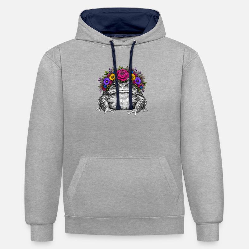 Crapaud avec couronne de fleurs - Sweat à capuche contrasté - gris chiné/bleu marine