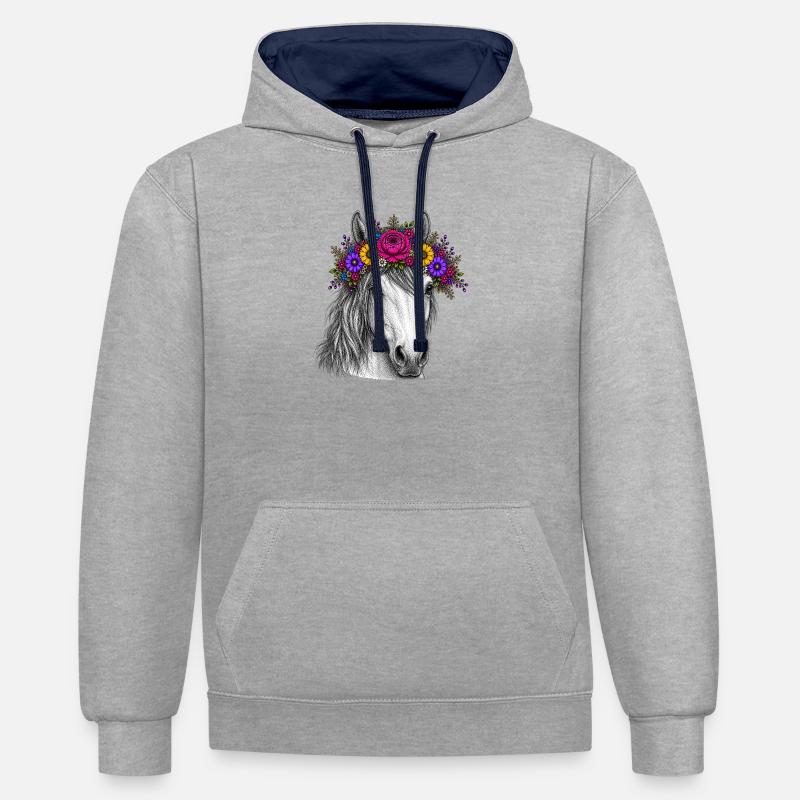 Cheval avec une couronne de fleurs - Sweat à capuche contrasté - gris chiné/bleu marine