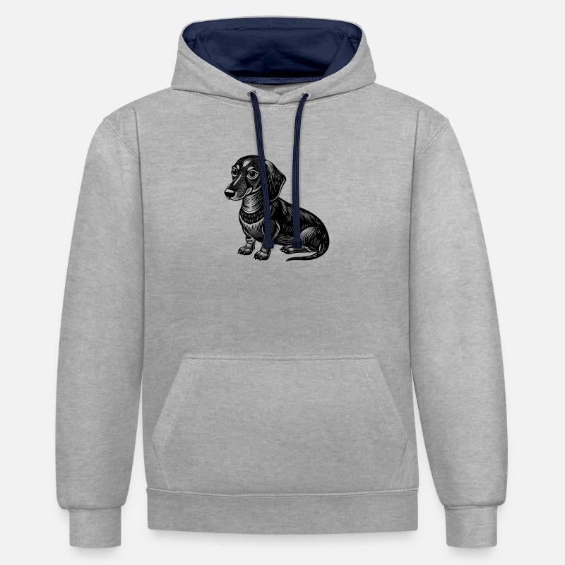 Teckel assis - Sweat à capuche contrasté - gris chiné/bleu marine