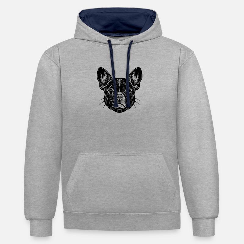 Visage de bouledogue français - Sweat à capuche contrasté - gris chiné/bleu marine