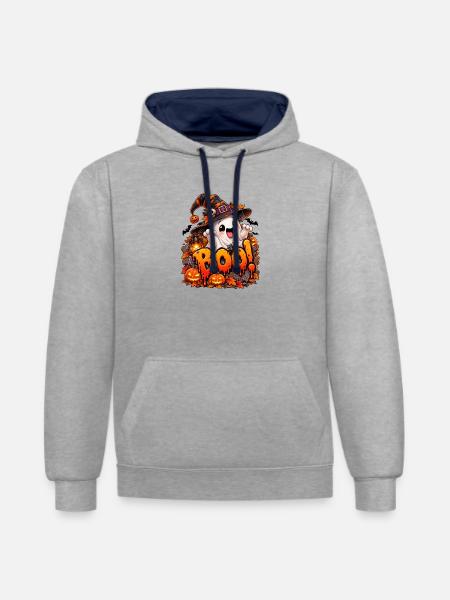 Boo Halloween Geist mit Kürbissen - Kontrast-Hoodie - Grau meliert/Navy