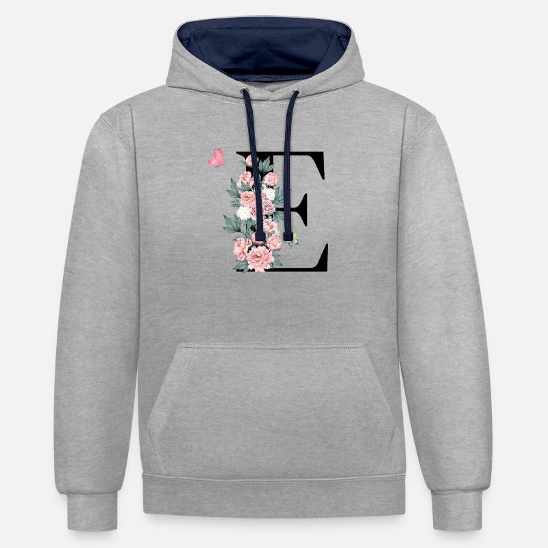 Lettre e fleurs rose - Sweat à capuche contrasté - gris chiné/bleu marine