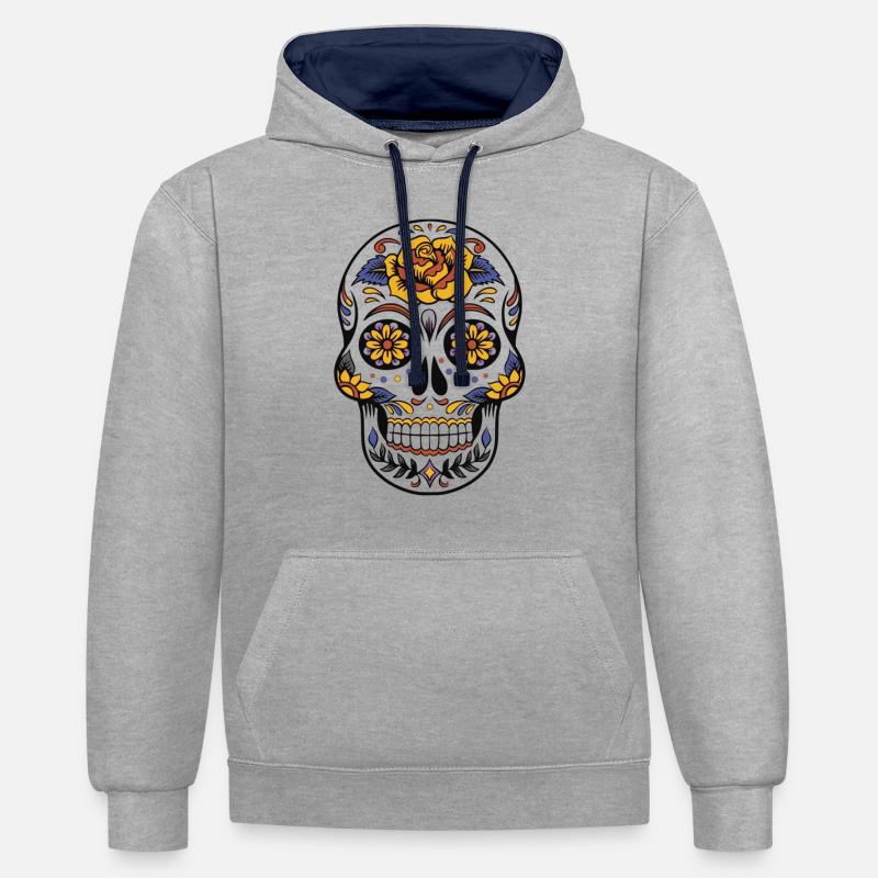 Crâne - Jour des morts - Sweat à capuche contrasté - gris chiné/bleu marine