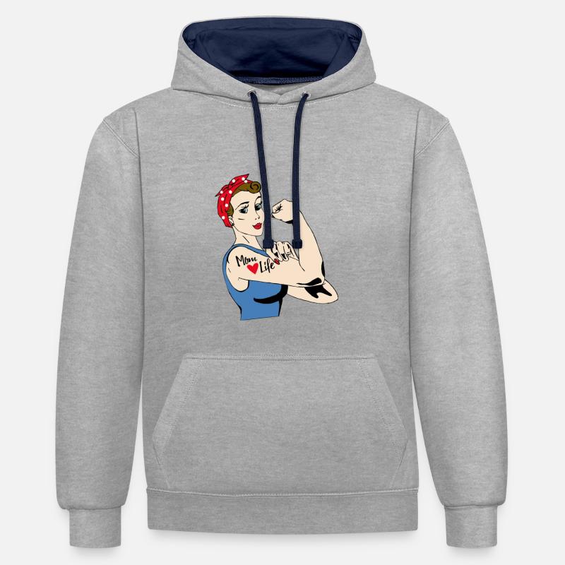 La vie de maman - Sweat à capuche contrasté - gris chiné/bleu marine