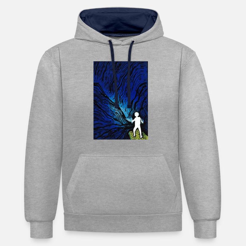 Linogravure illustration marine - Sweat à capuche contrasté - gris chiné/bleu marine