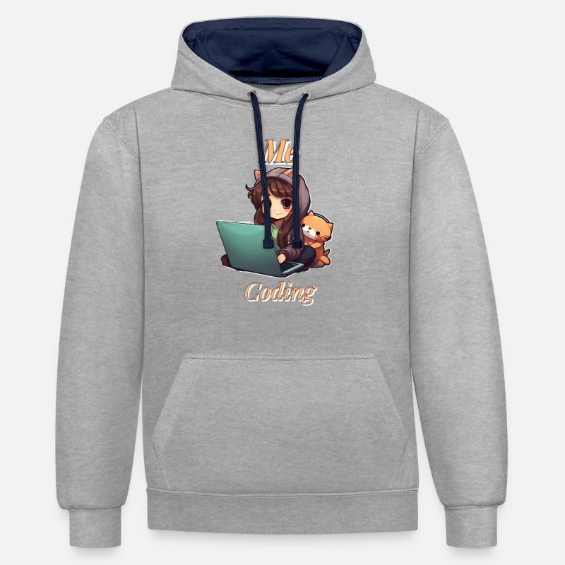 "Code Cutie: Anime-inspired Girl Coding" - Kontrast-Hoodie - Grau meliert/Navy