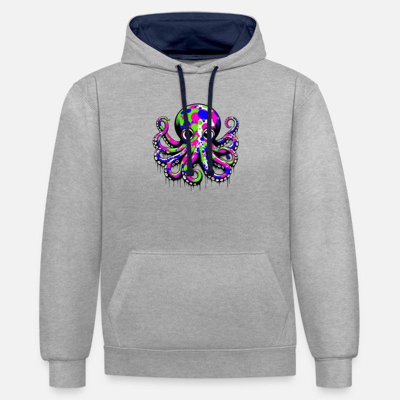 Pieuvre - Sweat à capuche contrasté - gris chiné/bleu marine