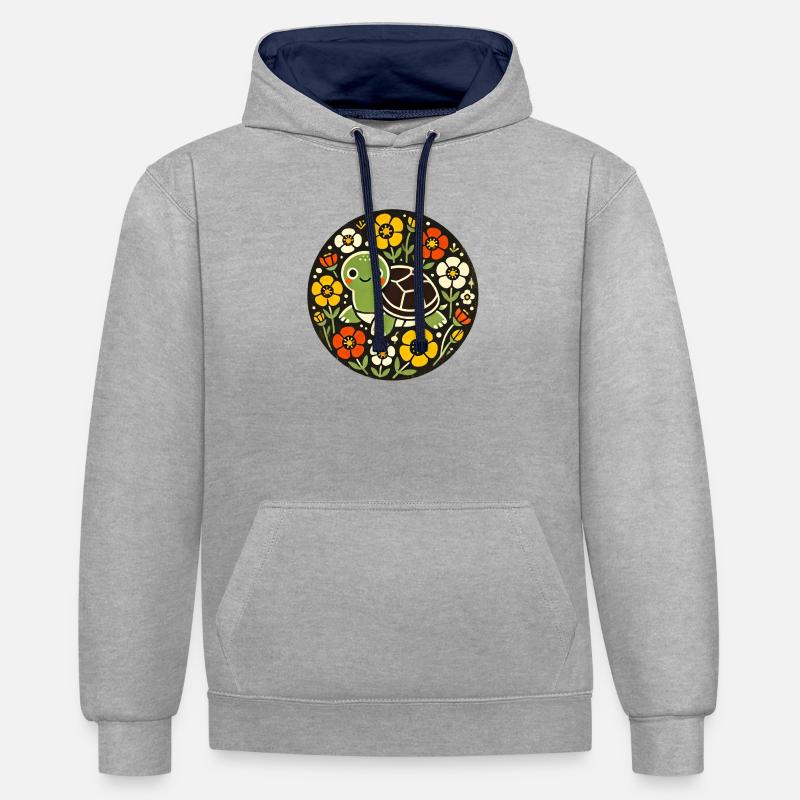 Tiny Turtle Amid Floral Circle - Contrast hoodie - heather grey/navy