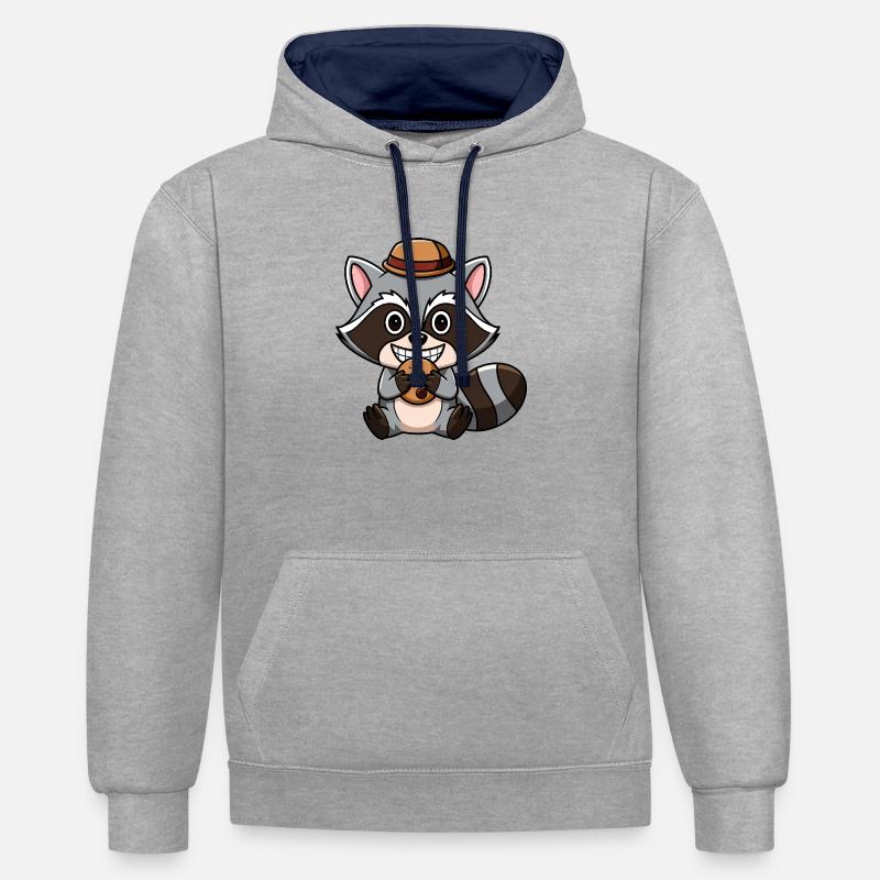 Chibi Kawaii Raton laveur - Sweat à capuche contrasté - gris chiné/bleu marine