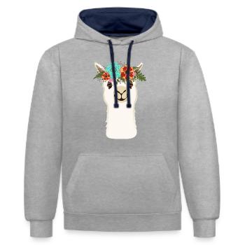 Alpaka mit Blumen - Kontrast-Hoodie - Grau meliert/Navy - Vorne - Liana (172cm) & Jaron (178cm)