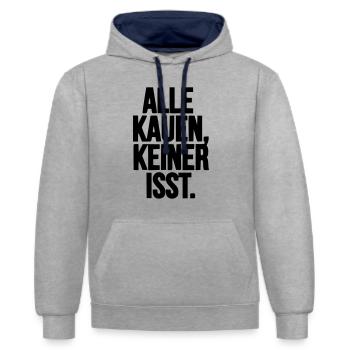 Alle kauen, keiner isst. / Techno / Droge - Kontrast-Hoodie - Grau meliert/Navy - Vorne - Liana (172cm) & Jaron (178cm)