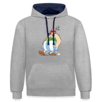 Asterix & Obelix - Obelix sifflant - Sweat à capuche contrasté - gris chiné/bleu marine - Devant - Liana (172cm) & Jaron (178cm)
