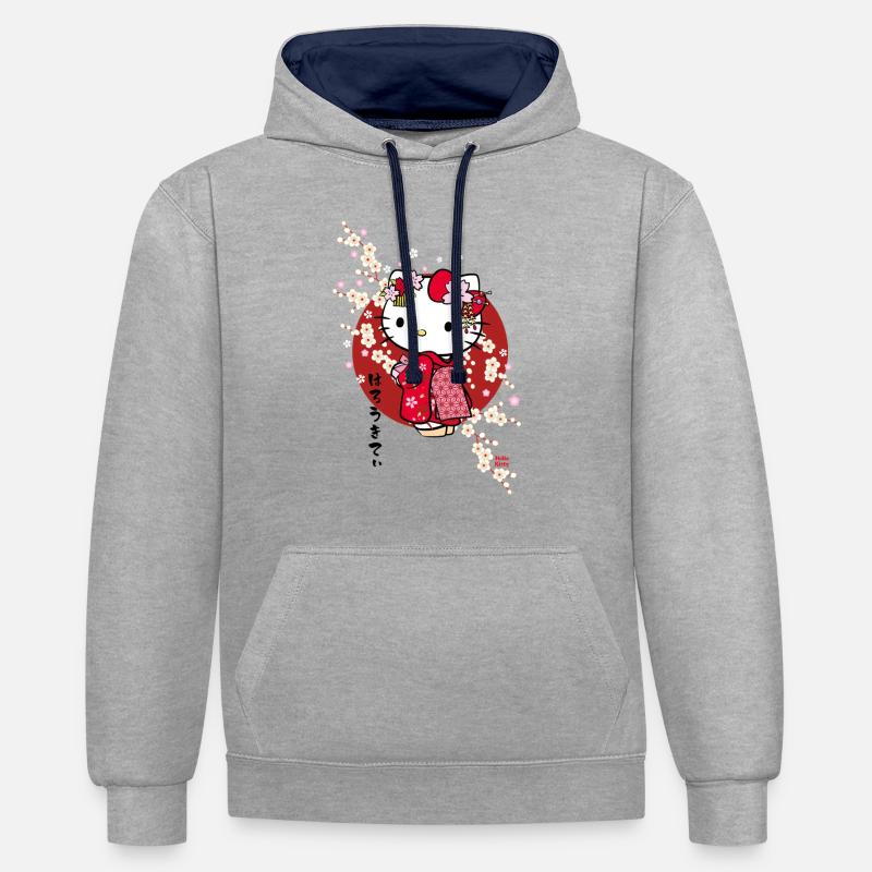 Hello Kitty Dans Un Kimono Avec Des Fleurs - Sweat à capuche contrasté - gris chiné/bleu marine