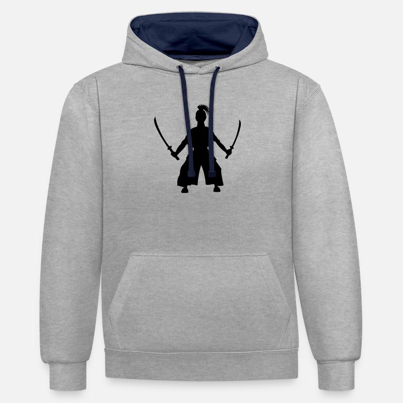 Épéiste japonais debout 2 épées - Sweat à capuche contrasté - gris chiné/bleu marine