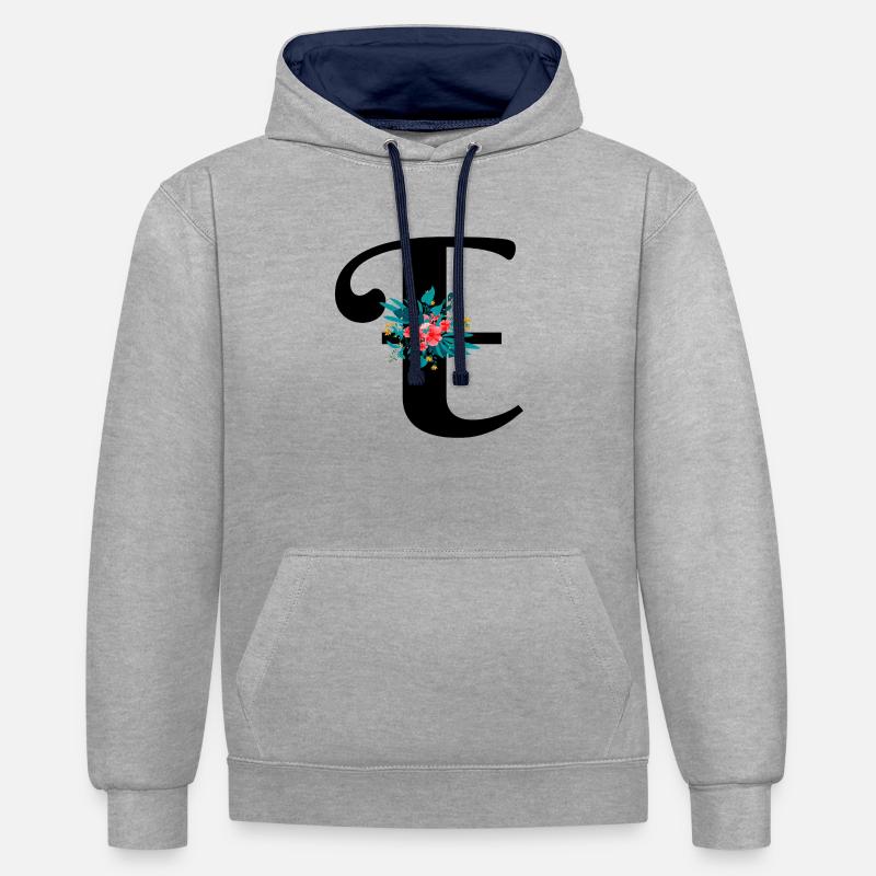 lettre E fleuris - Sweat à capuche contrasté - gris chiné/bleu marine