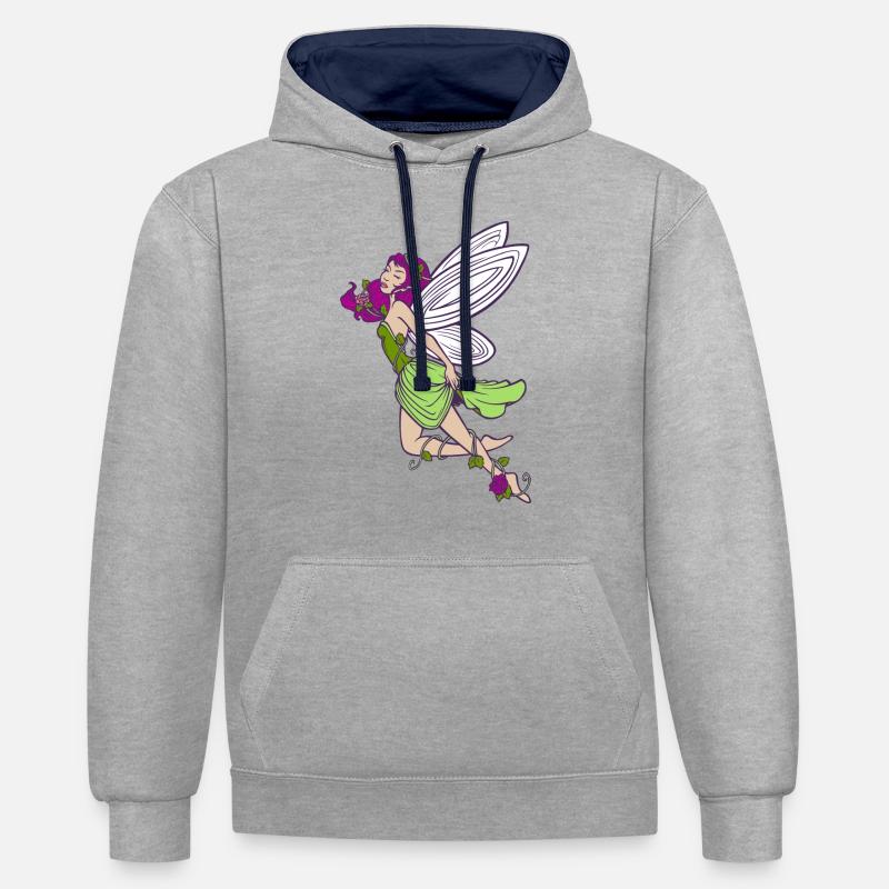 Fée elfe avec roses - Sweat à capuche contrasté - gris chiné/bleu marine