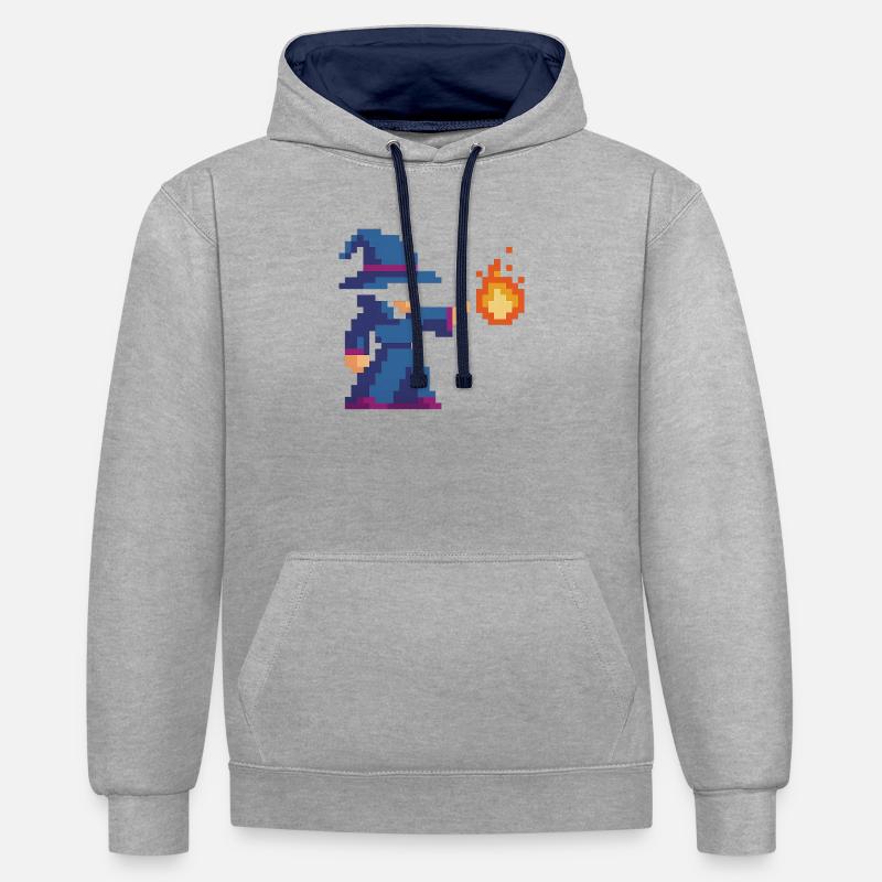 Pixel Wizard et Fire - Sweat à capuche contrasté - gris chiné/bleu marine