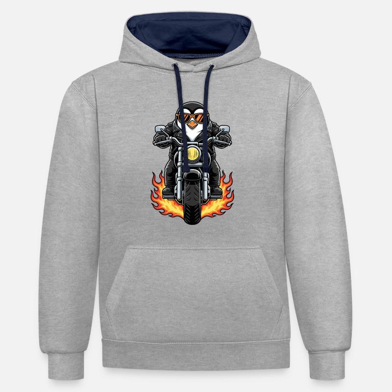 Cool Biker Penguin Motorcycle Flames - Sweat à capuche contrasté - gris chiné/bleu marine