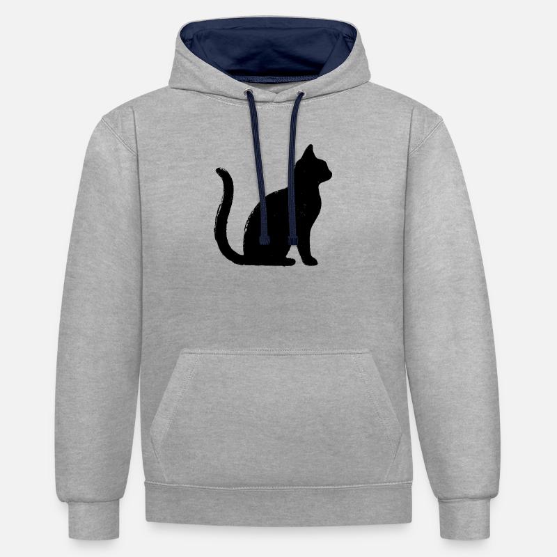 Chat - Silhouette NOIR - Sweat à capuche contrasté - gris chiné/bleu marine