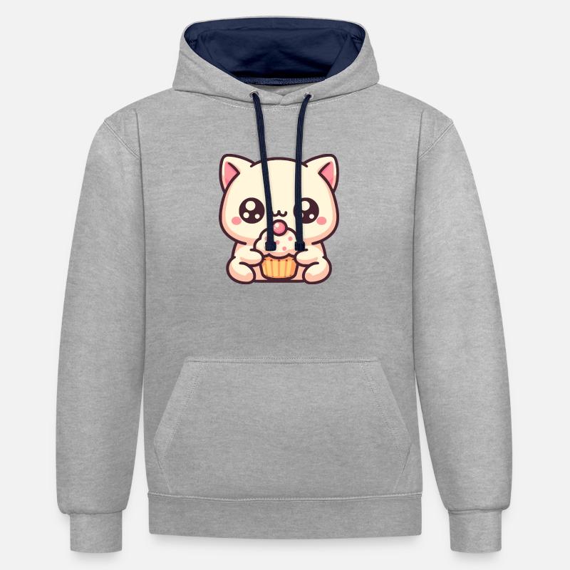 Chat mignon avec cupcake - Sweat à capuche contrasté - gris chiné/bleu marine