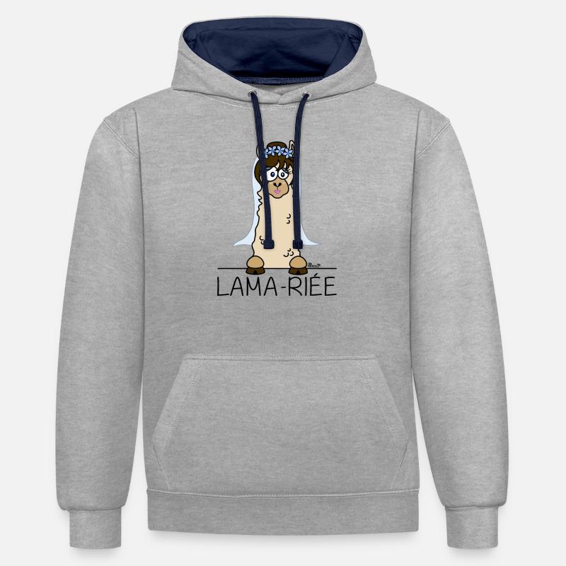 Lama, Lama-riée, Mariage, EVJF, mariée - Sweat à capuche contrasté - gris chiné/bleu marine