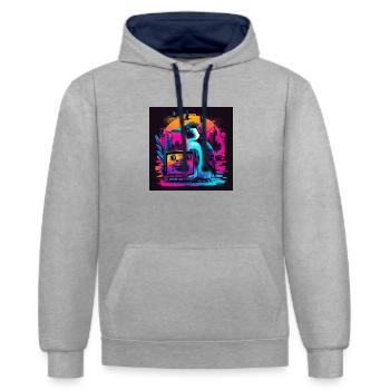 Pinguin mit Neonfarben, Synthwave / 80er Jahre - Kontrast-Hoodie - Grau meliert/Navy - Vorne - Liana (172cm) & Jaron (178cm)