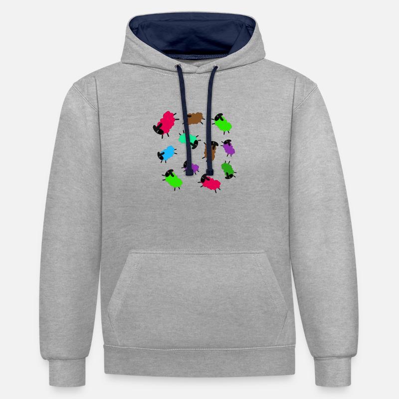 Moutons,Moutons,Illustration,Bande dessinée,Tonte - Sweat à capuche contrasté - gris chiné/bleu marine