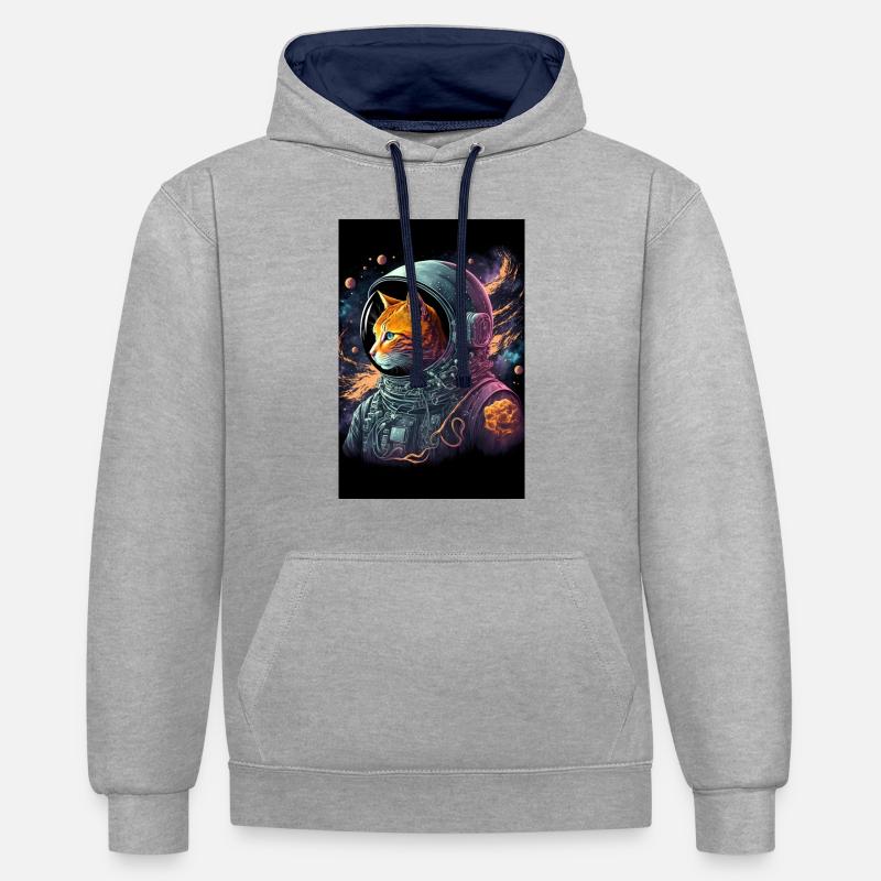 Chat de l’espace - Sweat à capuche contrasté - gris chiné/bleu marine