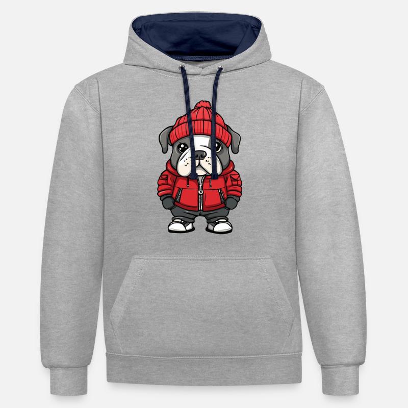 Bouledogue Chien Hiver - Sweat à capuche contrasté - gris chiné/bleu marine