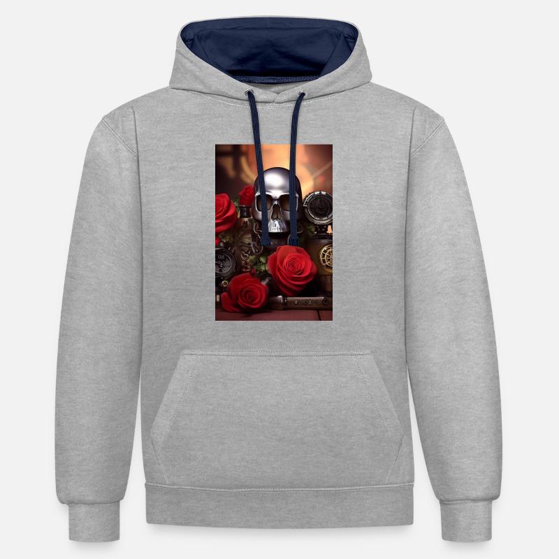 Crâne en métal avec roses - Sweat à capuche contrasté - gris chiné/bleu marine