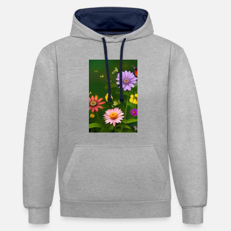 Fleurs et papillon - Sweat à capuche contrasté - gris chiné/bleu marine