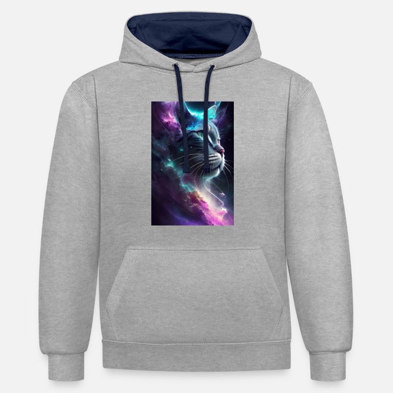 Chat dans l’espace - Sweat à capuche contrasté - gris chiné/bleu marine