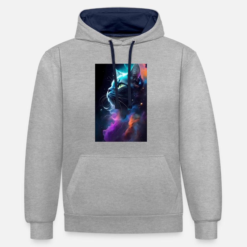 Visage de chat - Sweat à capuche contrasté - gris chiné/bleu marine