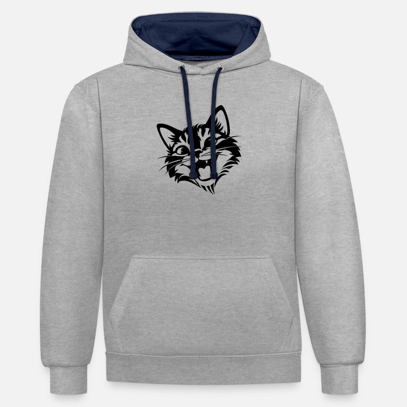 Chat Rieur | Drôles Chats T-Shir - Sweat à capuche contrasté - gris chiné/bleu marine
