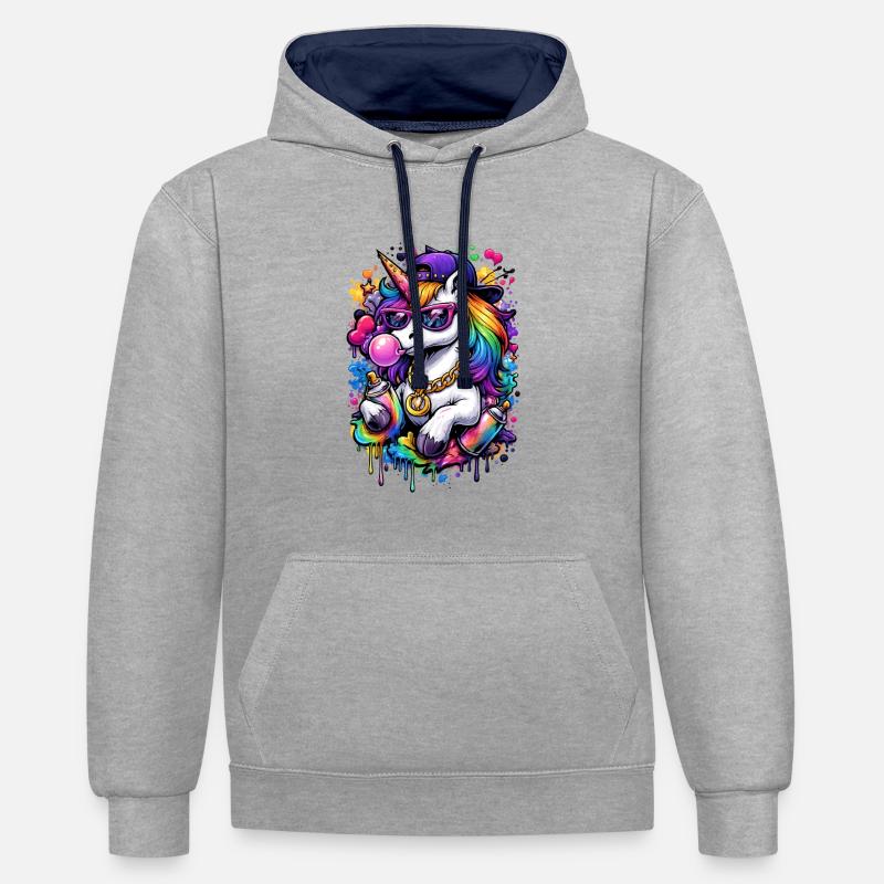 Licorne Pop Art - Sweat à capuche contrasté - gris chiné/bleu marine
