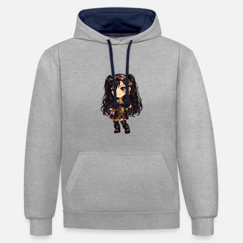 Luna de la fille steampunk Chibi avec des lunettes violettes - Sweat à capuche contrasté - gris chiné/bleu marine