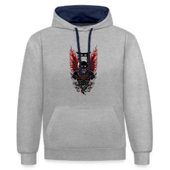 Geflügelter Oni-Dämon – Japanische Torii Rote Flammen – - Kontrast-Hoodie - Grau meliert/Navy - Vorne - Liana (172cm) & Jaron (178cm)