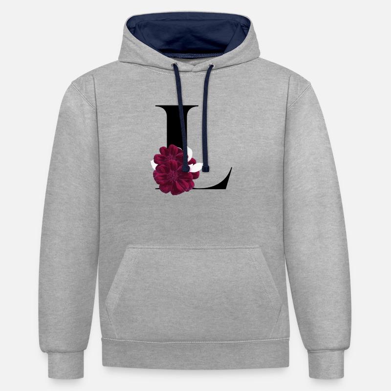 lettre L fleuris - Sweat à capuche contrasté - gris chiné/bleu marine