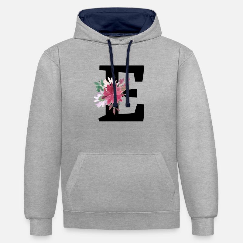 Lettre e floral - Sweat à capuche contrasté - gris chiné/bleu marine