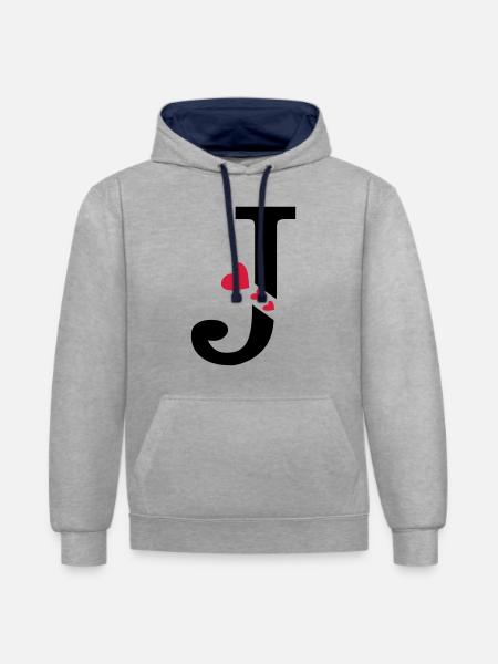 Großbuchstabe J mit Herzen - Kontrast-Hoodie - Grau meliert/Navy